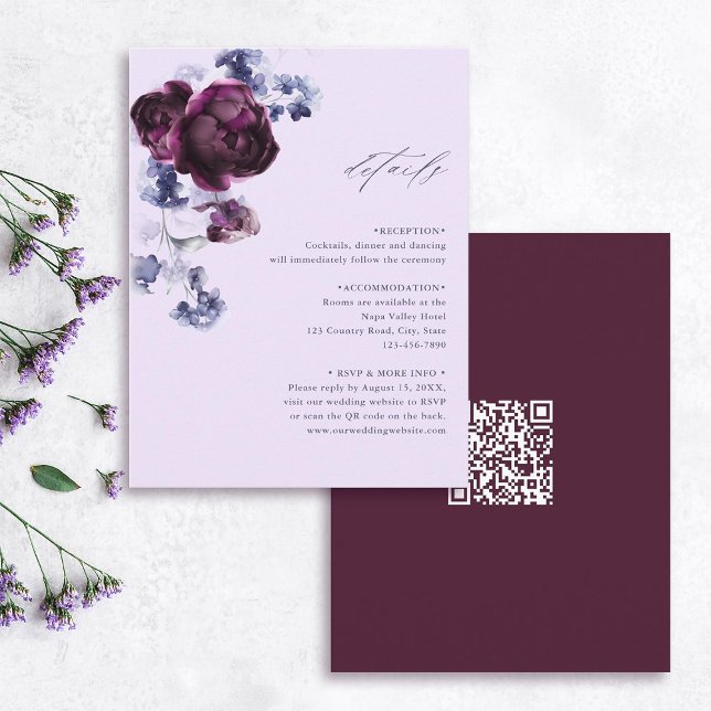 Purple & Indigo Floral QR Code Wedding Details  Enclosure Card (Front & Back)