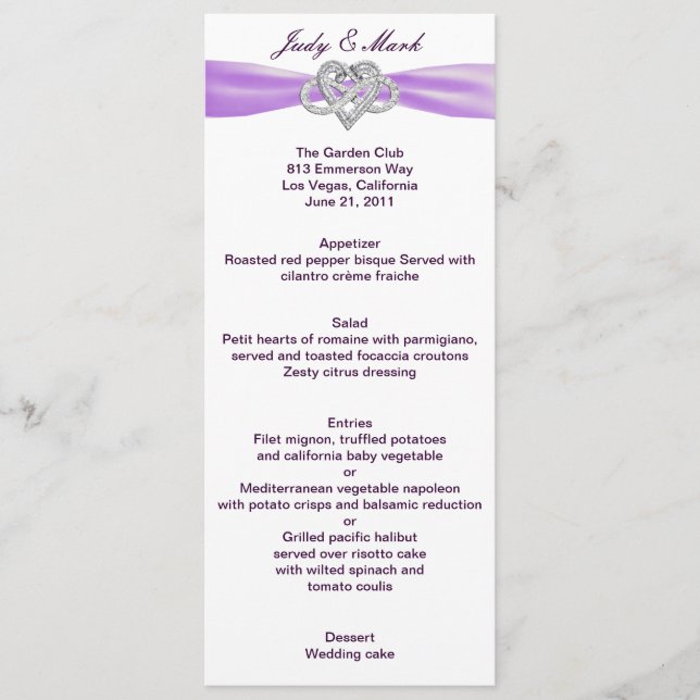 Purple Infinity Heart Wedding Menu Card (Front)
