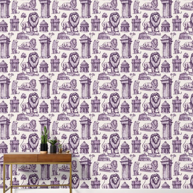 Purple Ink Lions and Statues Wallpaper (Hallway)