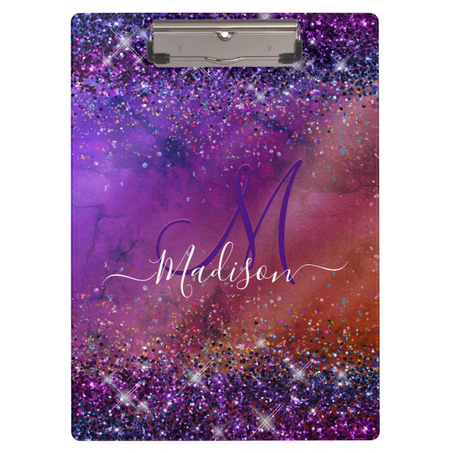 Purple iridescent brushed metal glitter monogram clipboard (Front)