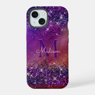 Purple iridescent brushed metal glitter monogram n iPhone 15 case