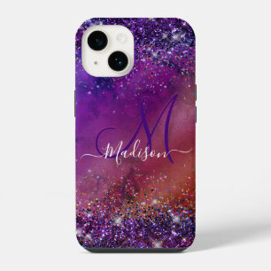 Purple iridescent brushed metal glitter monogram n iPhone 14 case