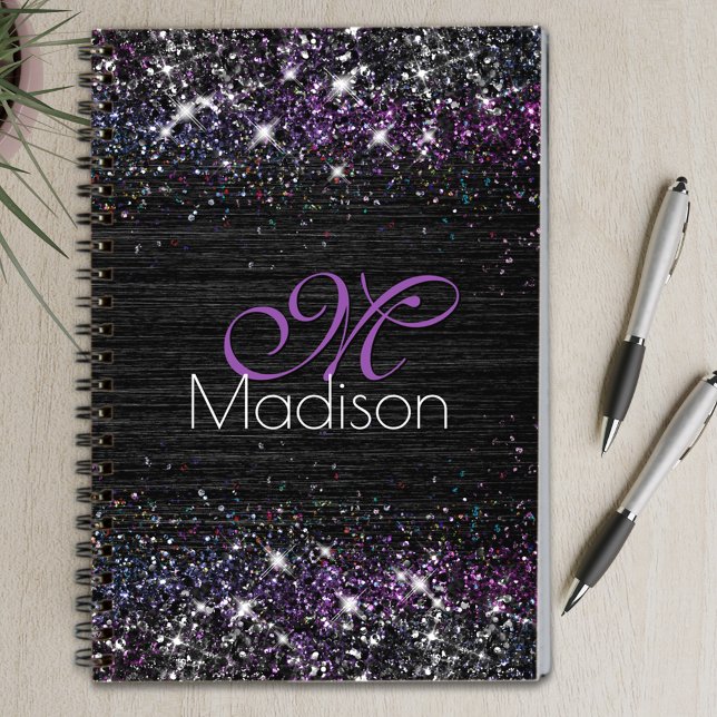 Purple iridescent brushed metal glitter monogram notebook (Creator Uploaded)