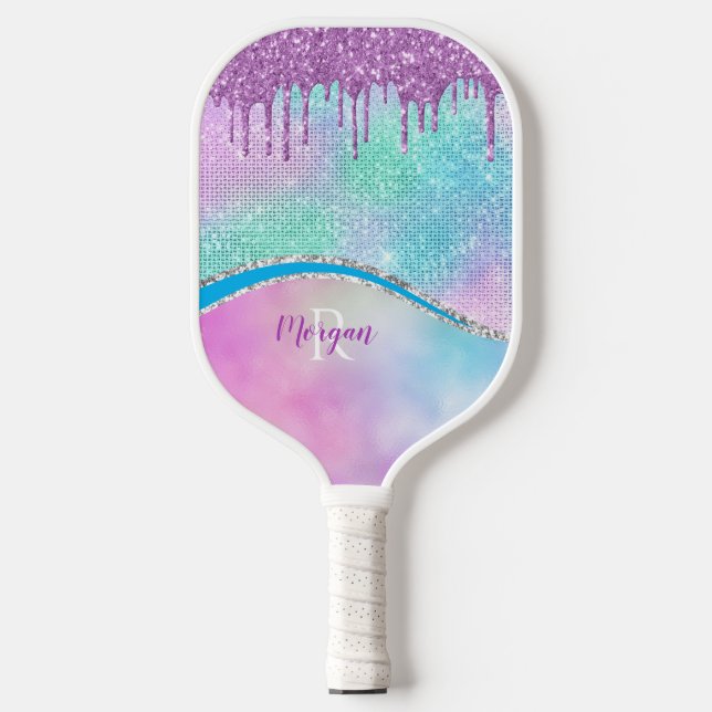 Purple Iridescent & Glitter Drips, Name & Monogram Pickleball Paddle (Front)