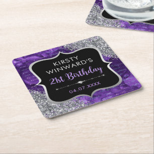 Purple Iridescent Glitter Mermaid Letters Birthday Square Paper Coaster