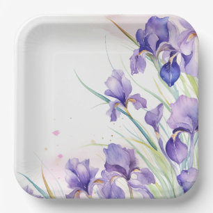 Purple Iris Border On White Paper Plate