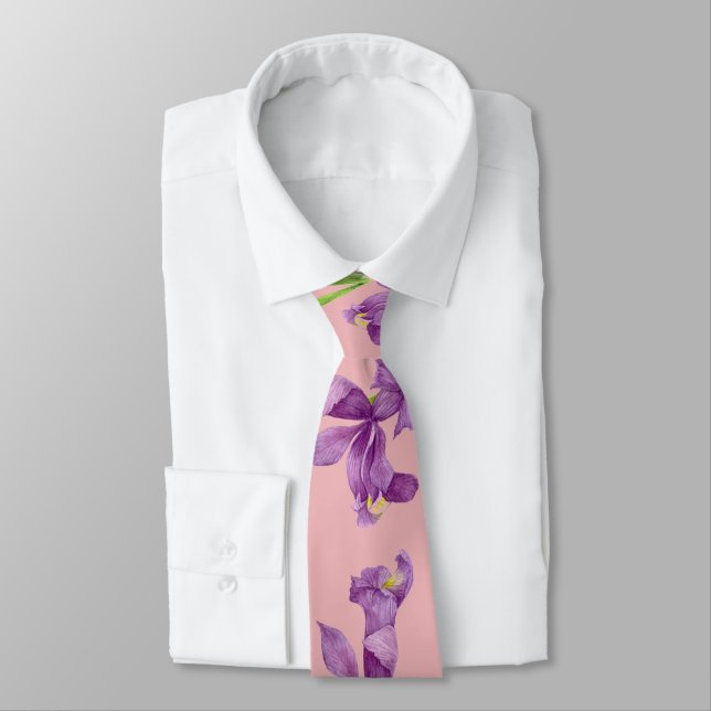 Purple Iris Botanical Floral Pink Background Tie (Tied)