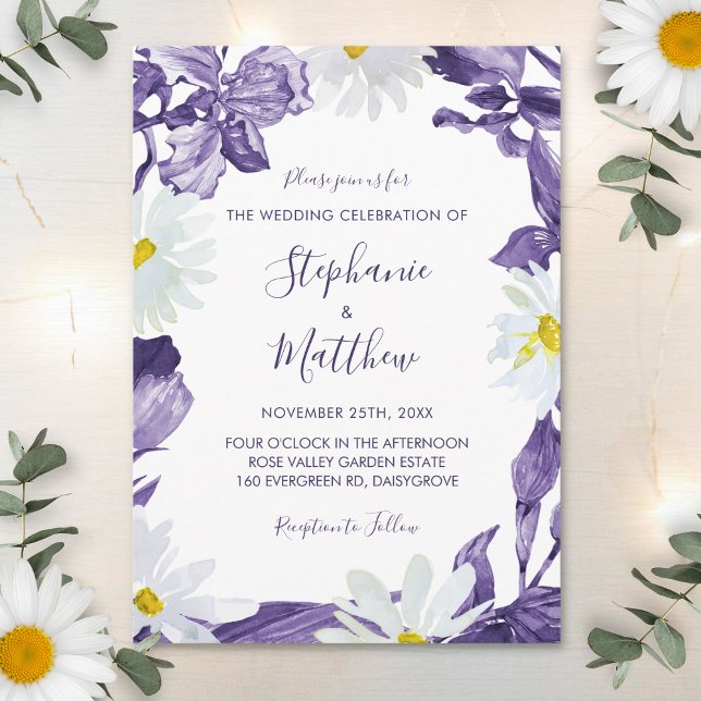 Purple Iris Daisy Watercolor Botanical Wedding Invitation (Creator Uploaded)