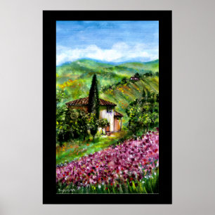 PURPLE IRIS FIELDS IN GREEN TUSCANY LANDSCAPE POSTER