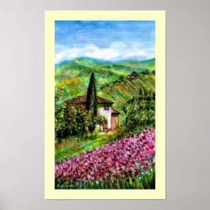 PURPLE IRIS FIELDS IN GREEN TUSCANY LANDSCAPE POSTER