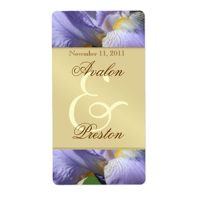 Purple Iris Floral Gold Wine Wedding Label (Front)