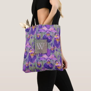 Purple Iris Floral Monogrammed Initial Tote Bag
