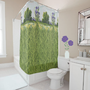Purple Iris Flower and Green Field Vintage Art  Shower Curtain