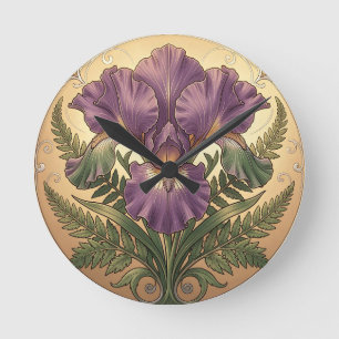 Purple Iris Flower Art Nouveau Ornate Frame Round Clock