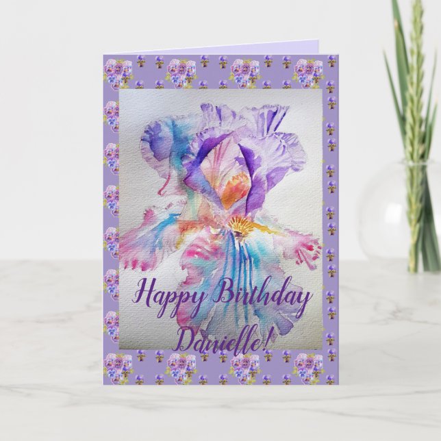 Purple Iris flower floral Name Birthday Card (Front)