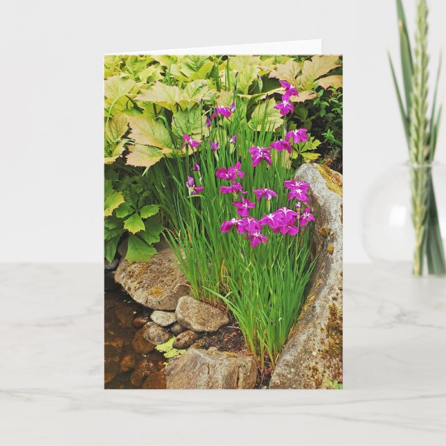Purple iris flower garden greeting card (Front)