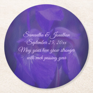 Purple Iris Flower Personalised Wedding Round Paper Coaster