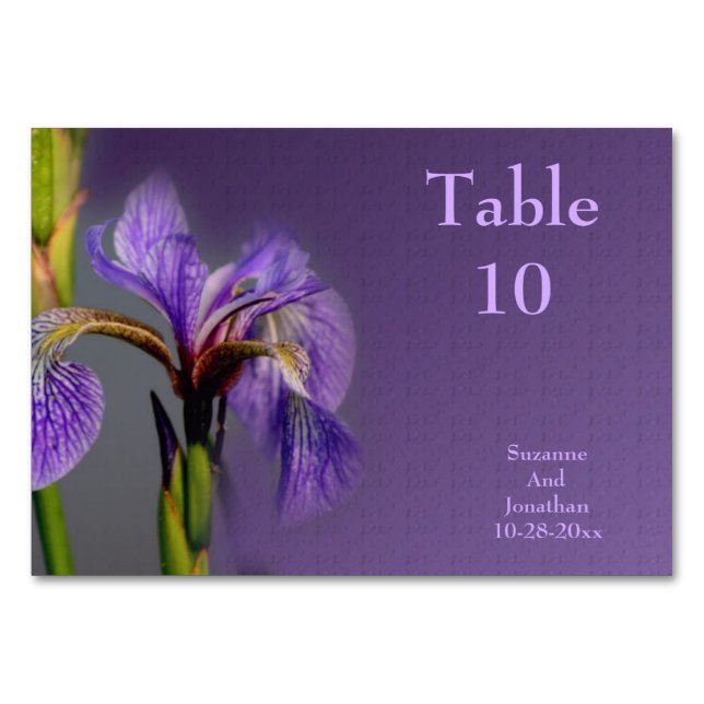 Purple Iris Flower Personalised Wedding  Table Number (Front)