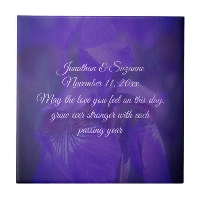 Purple Iris Flower Personalised Wedding  Tile (Front)