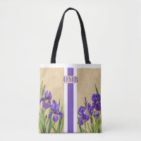 Purple Iris Flowers Monogram Faux Burlap Jute
