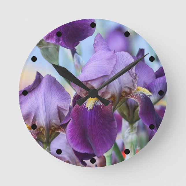 Purple Iris Flowers Round Clock (Front)