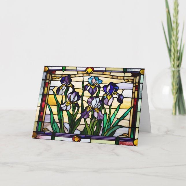 Purple Iris Flowers Stained Glass Card (Front)