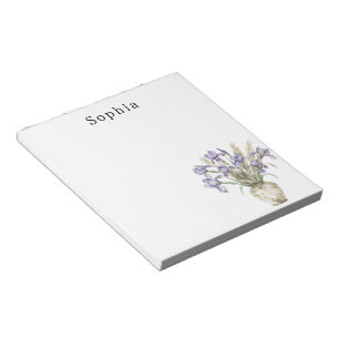 Purple Iris Flowers Vase Personalised Name Notepad