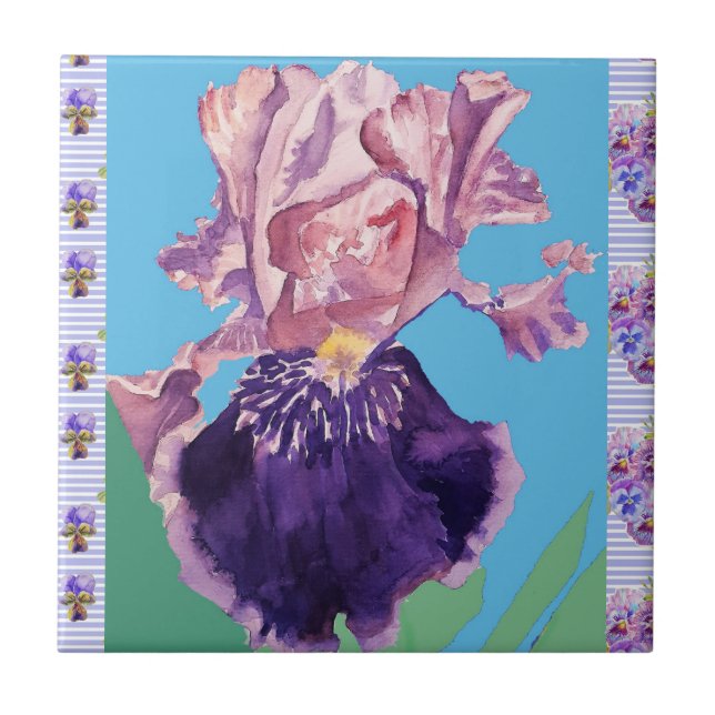 Purple Iris Flowers watercolor irises Ceramic Tile (Front)