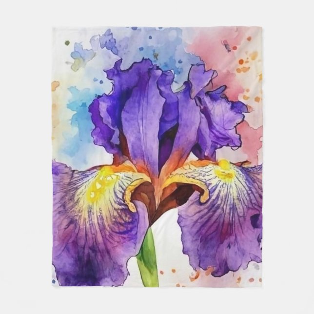 Purple Iris in Watercolor Fleece Blanket (Front)
