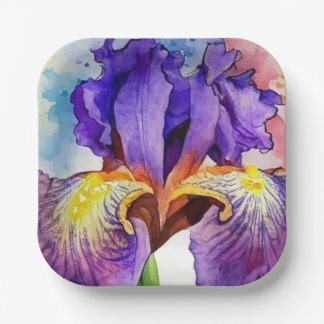 Purple Iris in Watercolor Paper Plate