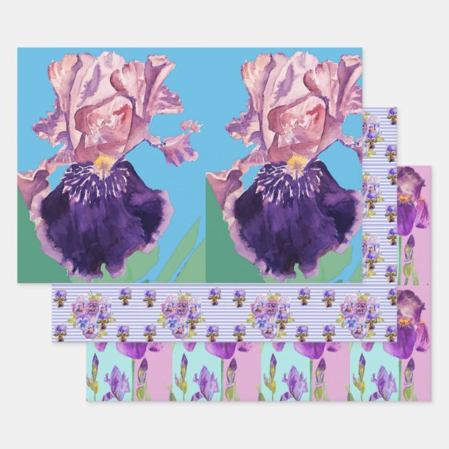 Purple Iris Irises flower Watercolor Painting Wrapping Paper Sheet (Set)