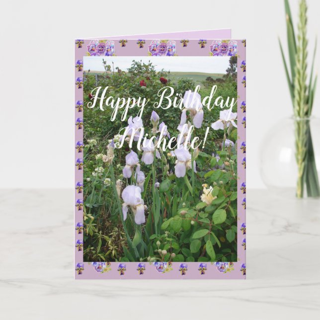 Purple Iris irises Garden Happy Birthday Name Card (Front)