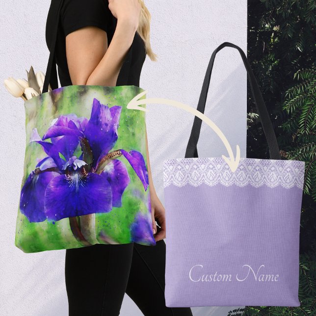 Purple Iris Lilac and Faux Lace Customised Tote Bag (Purple Iris watercolor style bag with lavender back, "lace" and customizable text great gift for mom)