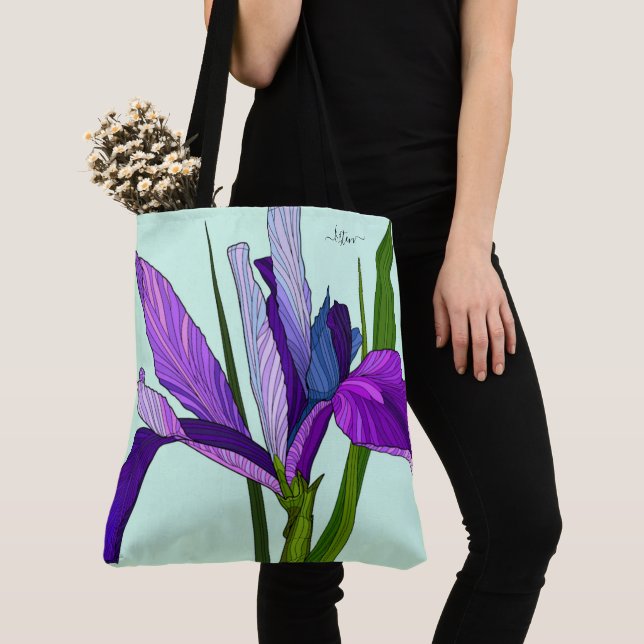 Purple Iris on Mint, Personalised Floral Tote Bag (Close Up)