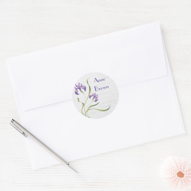 Purple Iris On Wood Classic Round Sticker (Envelope)