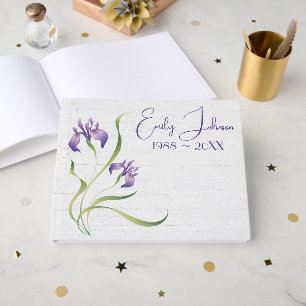 Purple Iris On Wood Memorial Service Guest Book