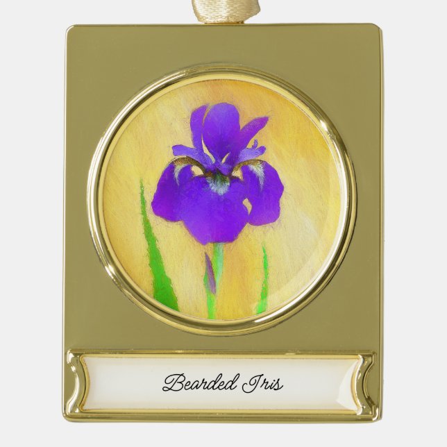 Purple Iris Painting - Original Flower Art Gold Plated Banner Ornament (Front)