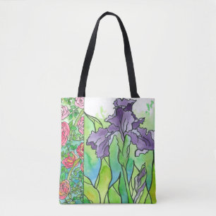 Purple Iris Pink Roses Large Watercolor Flowers Tote Bag
