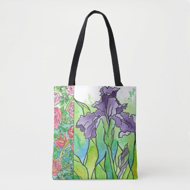 Purple Iris Pink Roses Large Watercolor Flowers Tote Bag (Front)