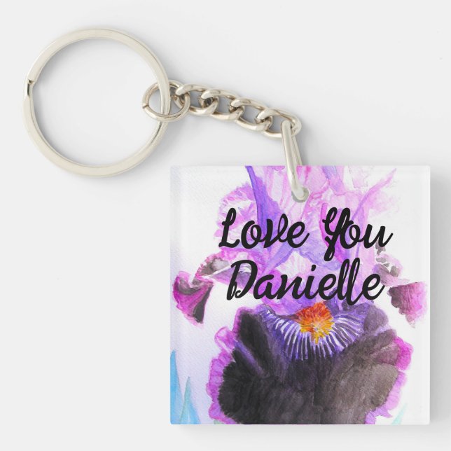 Purple Iris Watercolor Flower Floral Birthday Key Ring (Front)