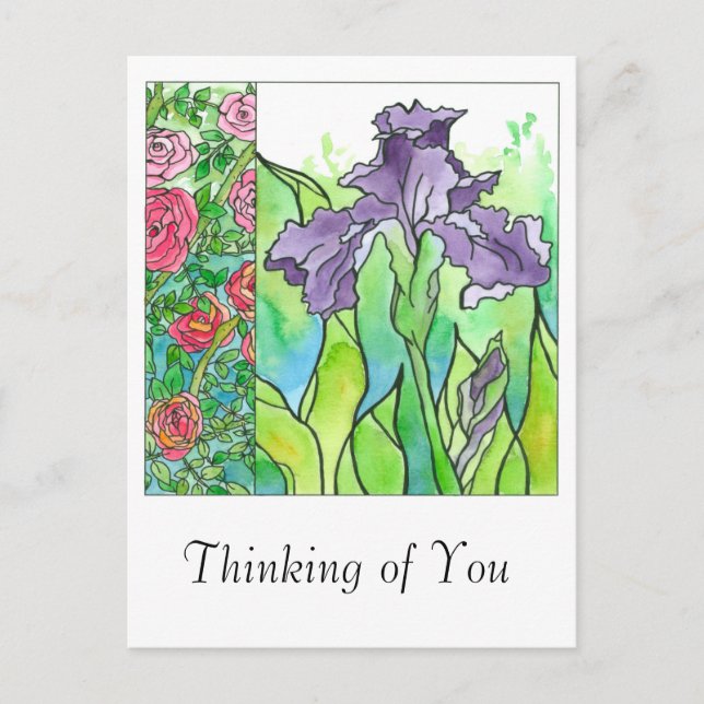 Purple Iris Watercolor Flowers Thinking of You Postcard (Front)