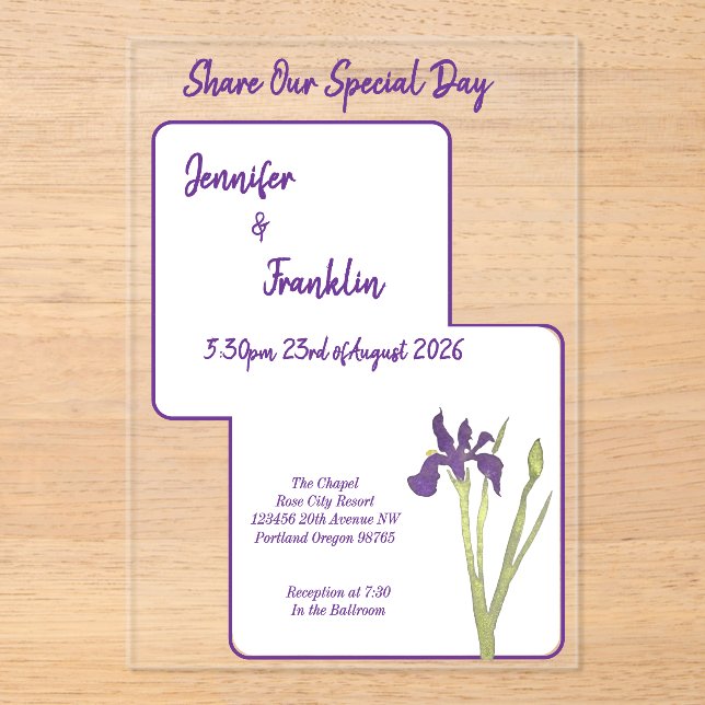 Purple Iris Watercolor Wedding Acrylic Invitations (Front)