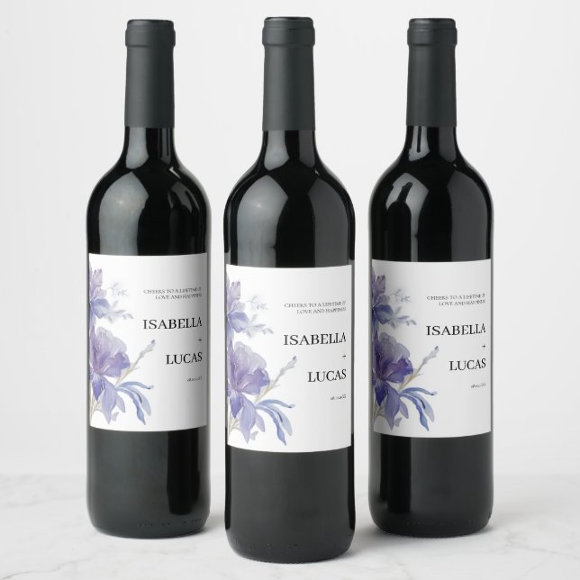 Purple Iris Watercolor Wedding Wine Label (Bottles)