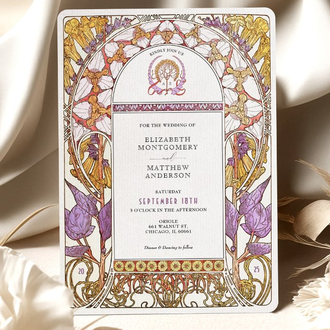 Purple Iris & Yellow Lily Art Nouveau Wedding Invitation (Creator Uploaded)