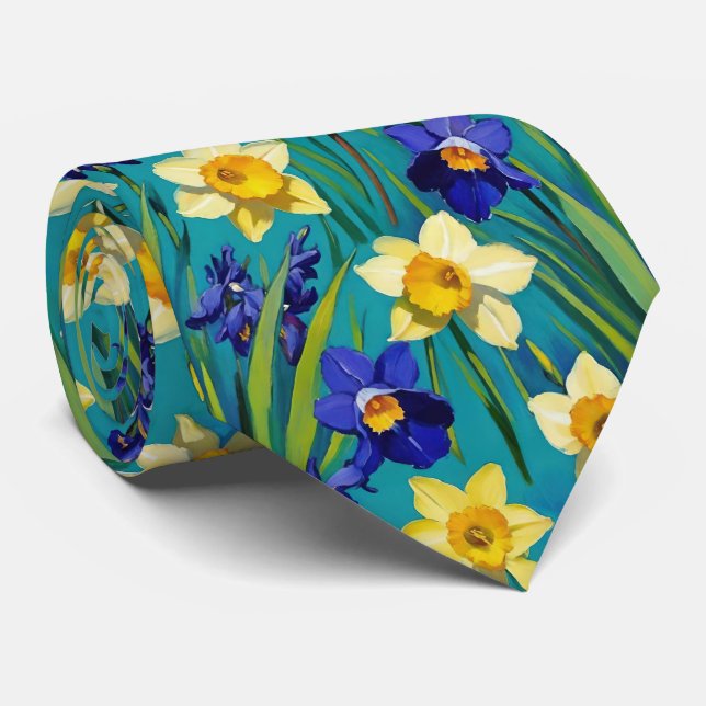 Purple Irises And Yellow Daffodils Teal Floral Tie (Rolled)