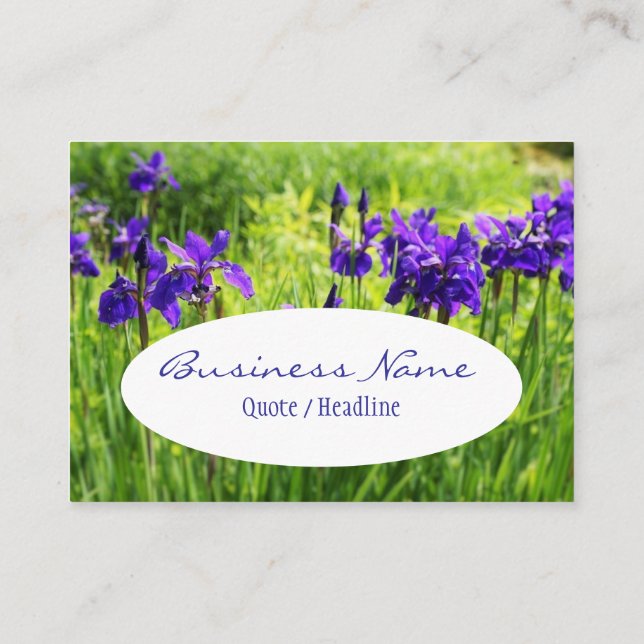 Purple Irises Flower Garden Mighty Business Card (Back)