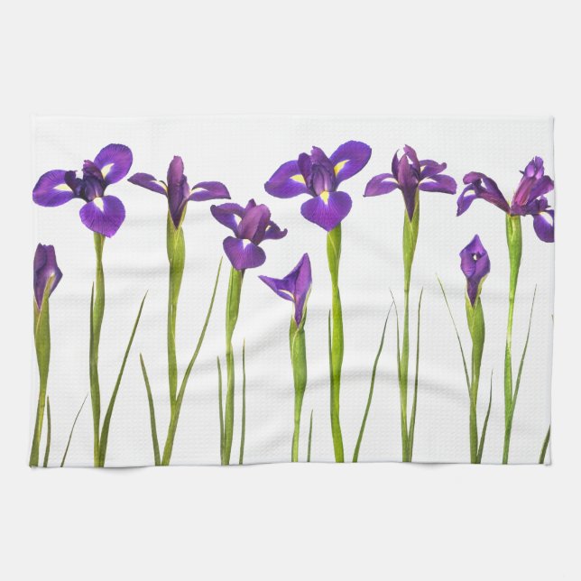 Purple irises isolated on a white background tea towel (Horizontal)