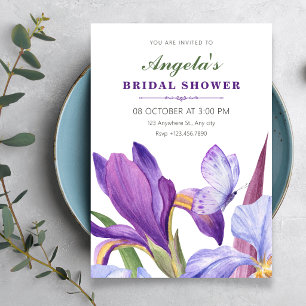 Purple isris floral bloom watercolor bridal shower invitation