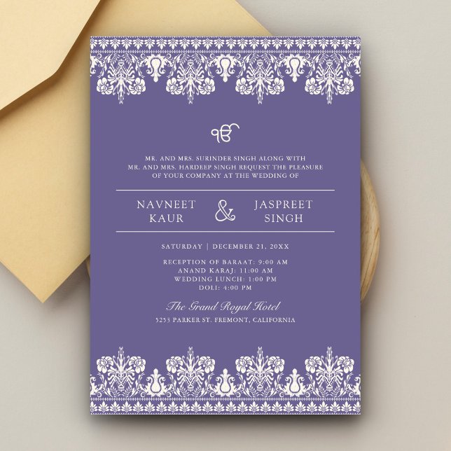 Purple Ivory Damask Anand Karaj Sikh Wedding Invitation (Creator Uploaded)