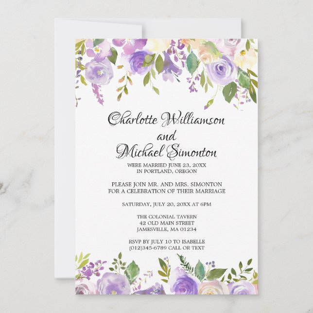 Purple Ivory Floral Elopement Reception Invitation (Front)